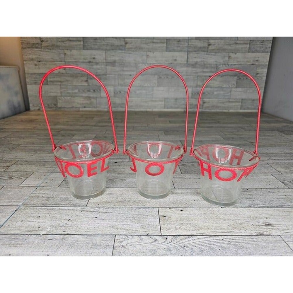 Set of 3 Glass Votive Holders featuring Holiday Words "Joy, Noel, Hope"